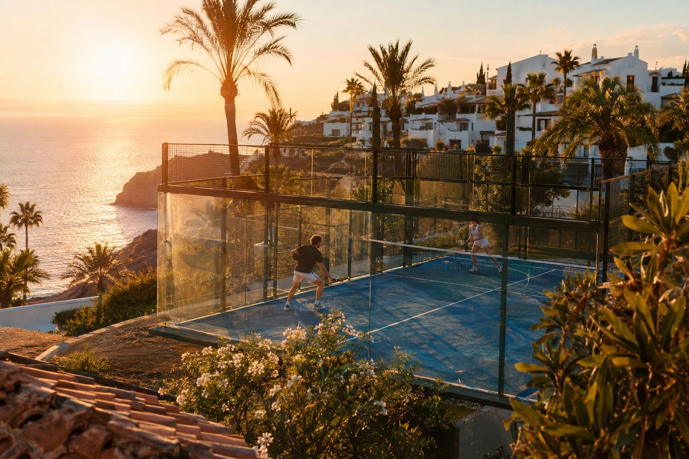 Padel court on a Mediterranean clifftop at sunset with two players mid-rally