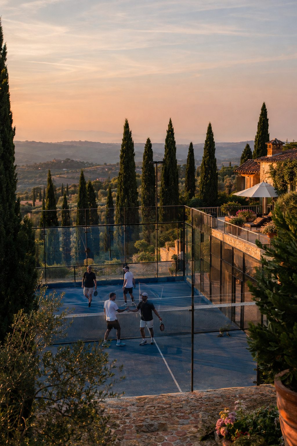 Padel court among cypress trees beside an Italian villa terrace at dusk