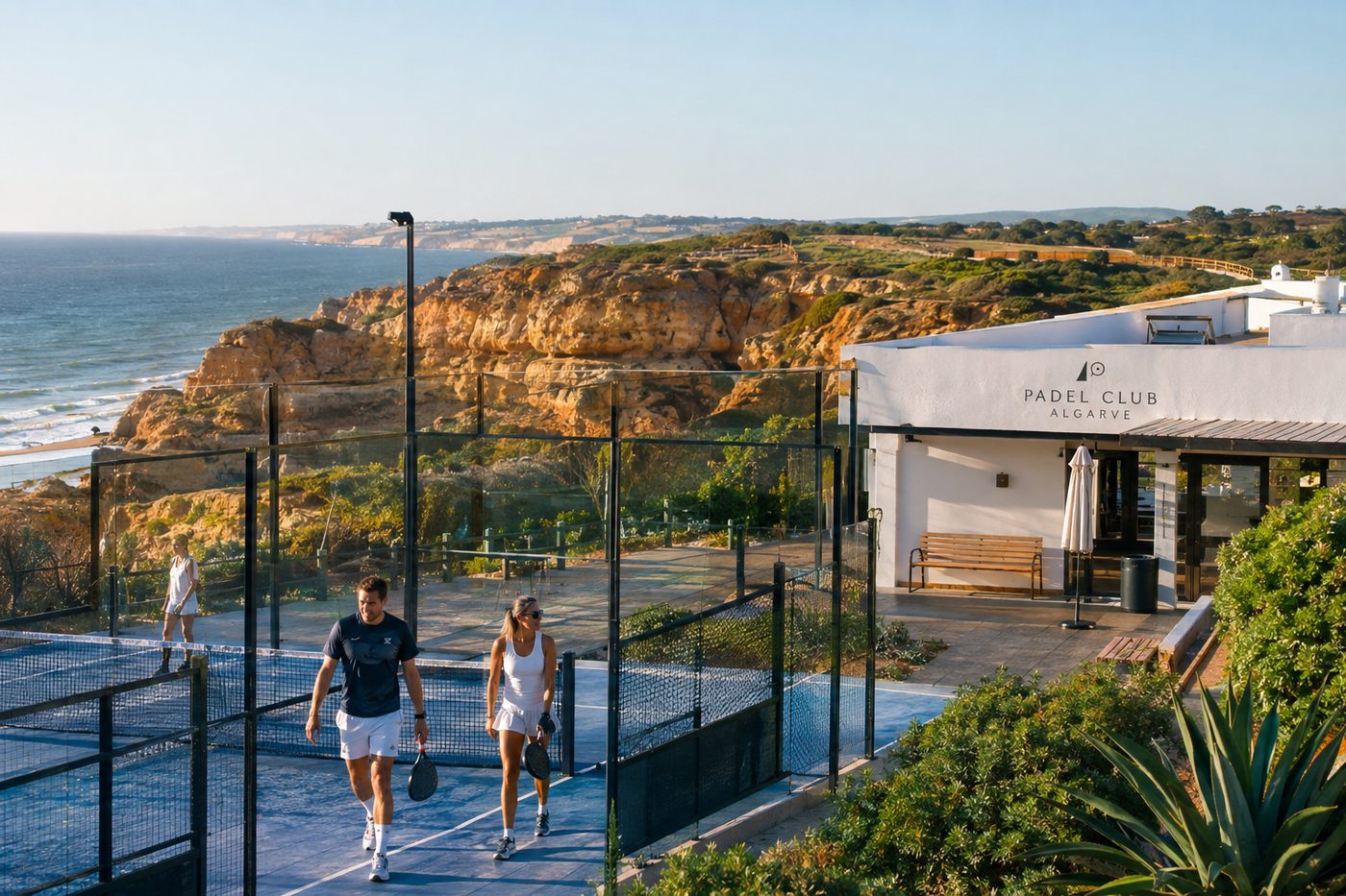 Padel club on the Algarve coast with ochre cliffs and the Atlantic behind