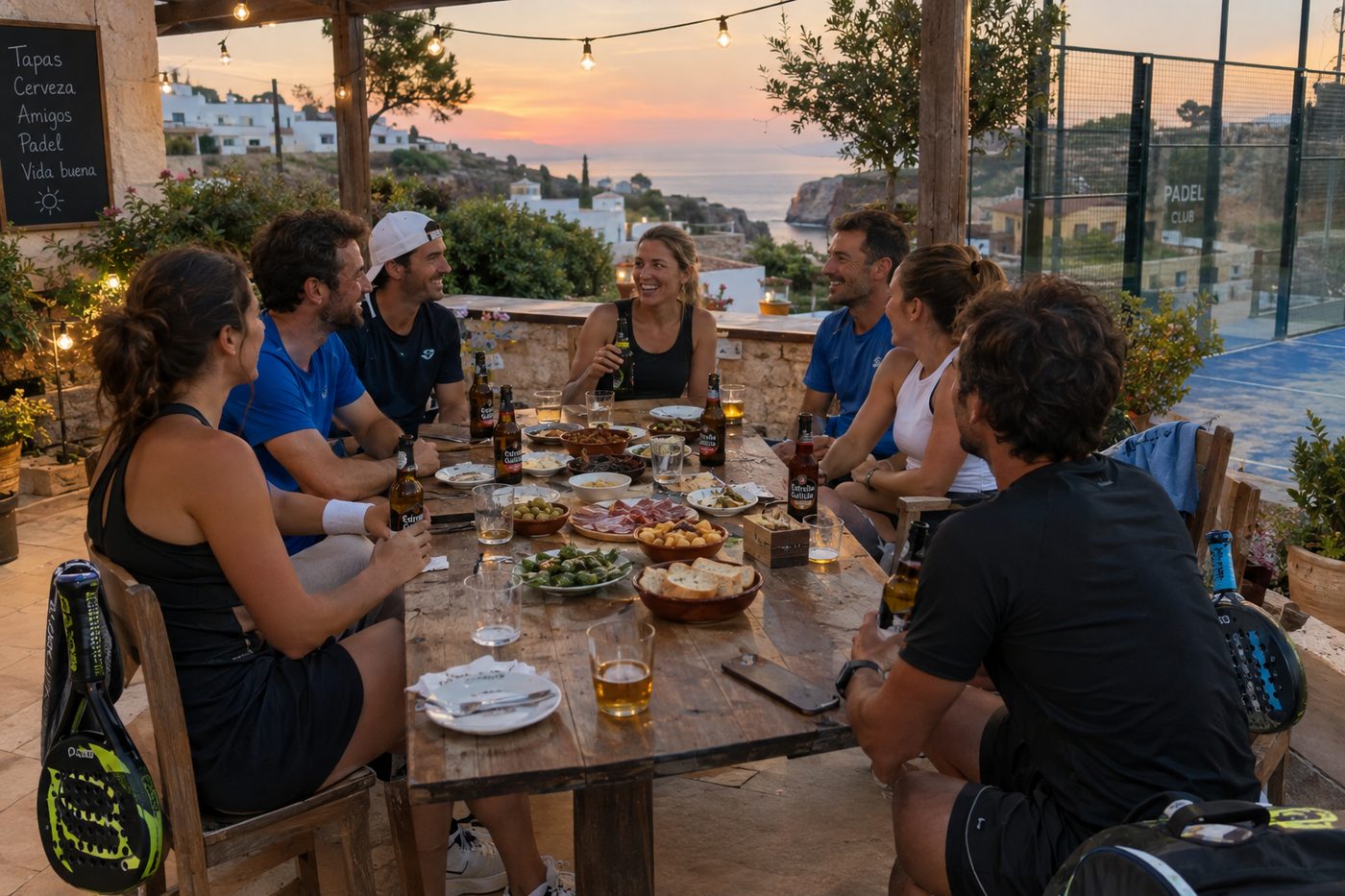 A group of players sharing tapas and beers on a terrace at dusk after playing padel